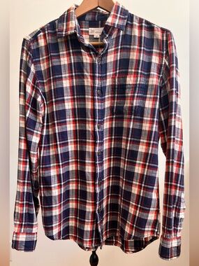 GAP Oversized 100% Cotton Red/Orange, White & Blue Plaid Button-Down Shirt